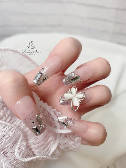Glitter Nude Color Rhinestone Crystal Press On Nails - KarleyMoonNail