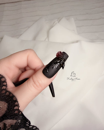 Matte Black Rose Butterfly Elegant Press On Nails - KarleyMoonNail