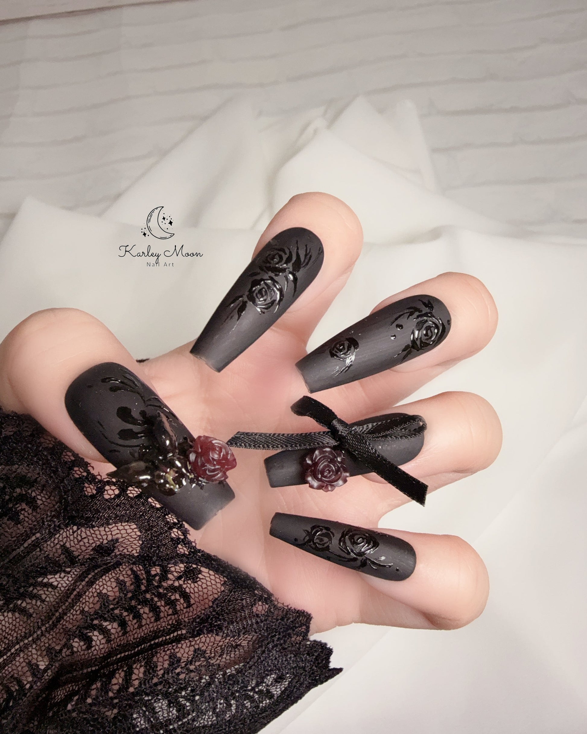 Matte Black Rose Butterfly Elegant Press On Nails - KarleyMoonNail