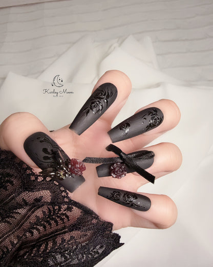Matte Black Rose Butterfly Elegant Press On Nails - KarleyMoonNail