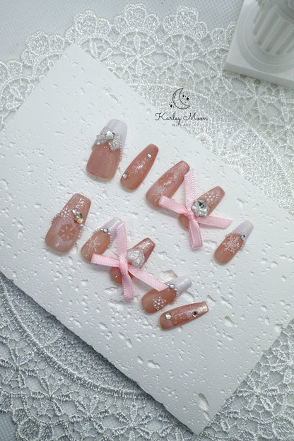 Nude Pink Snow Sparkling Ribbon Bow Press On Nails - KarleyMoonNail
