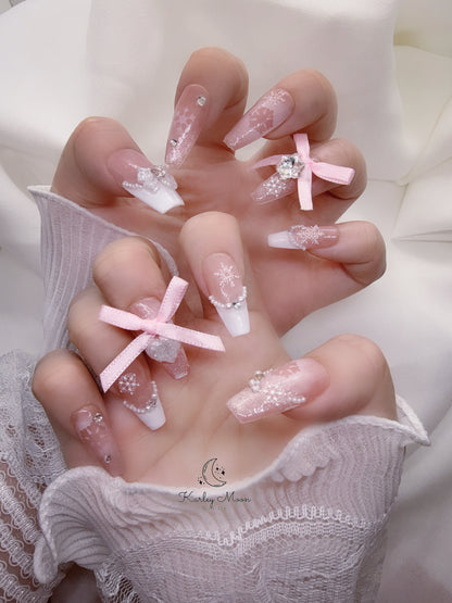 Nude Pink Snow Sparkling Ribbon Bow Press On Nails - KarleyMoonNail