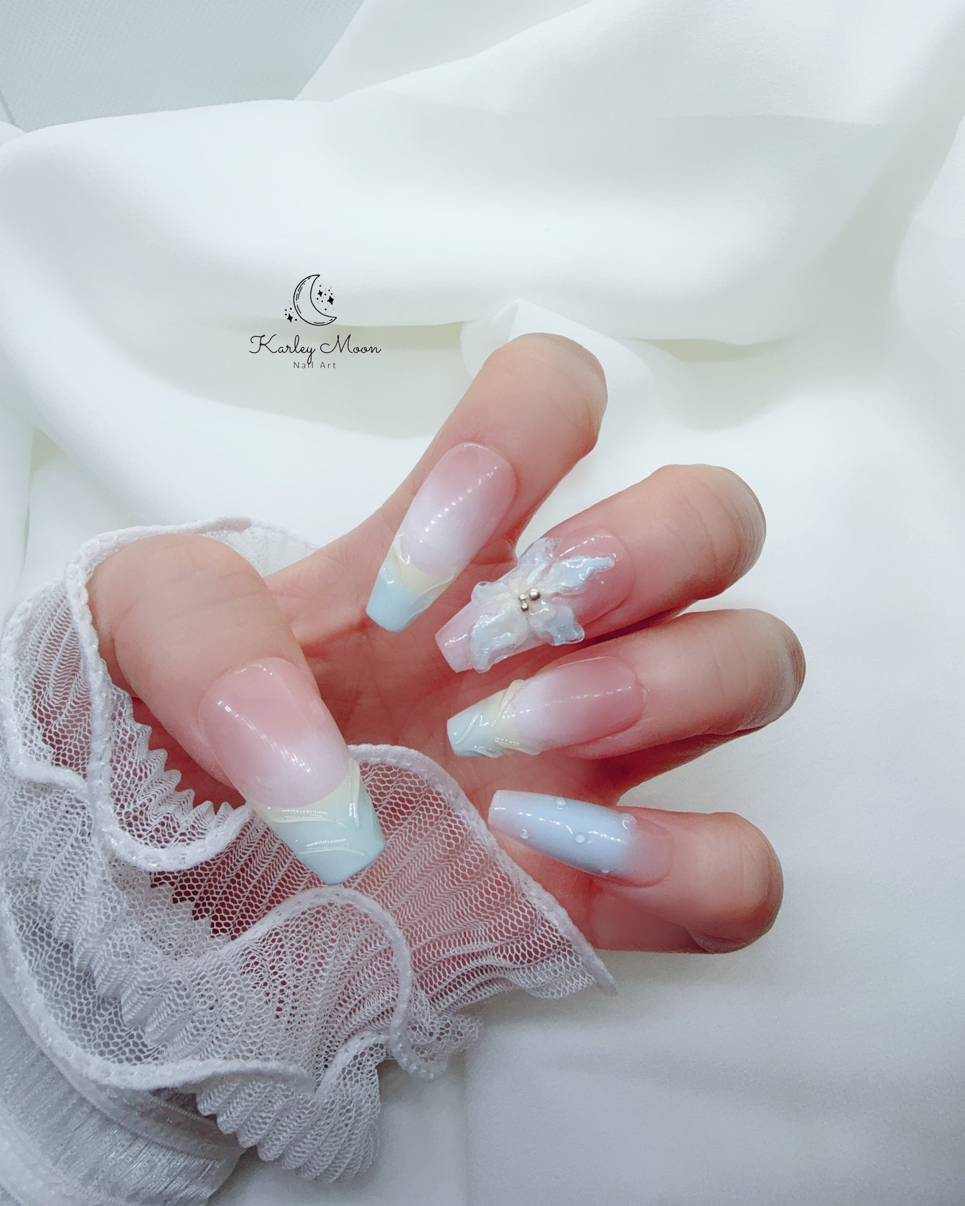 3D Summer Flower Blue Nude Color Press On Nails - KarleyMoonNail