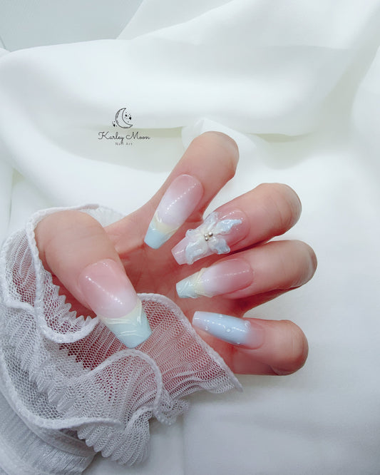 3D Summer Flower Blue Nude Color Press On Nails - KarleyMoonNail