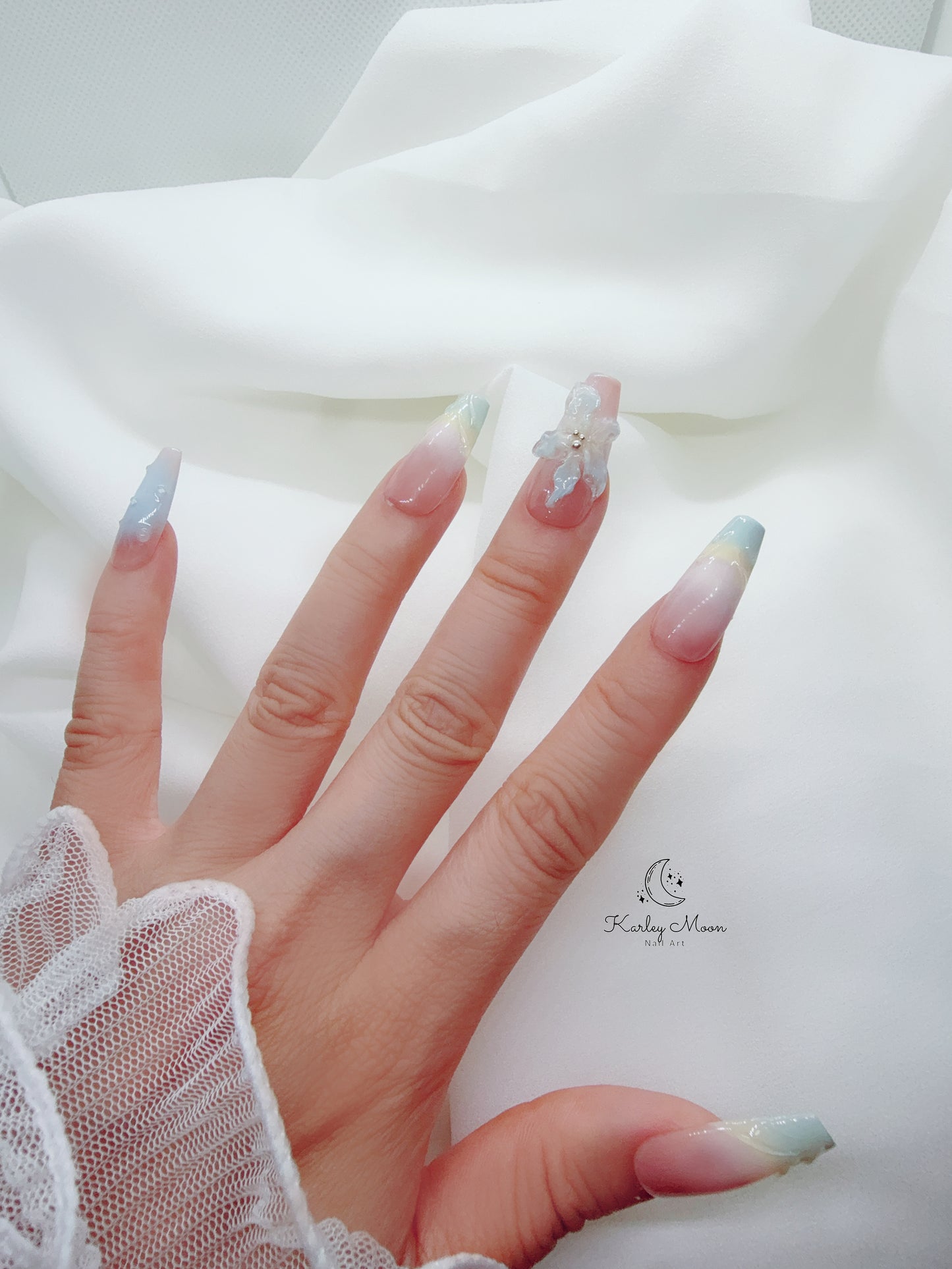 3D Summer Flower Blue Nude Color Press On Nails - KarleyMoonNail
