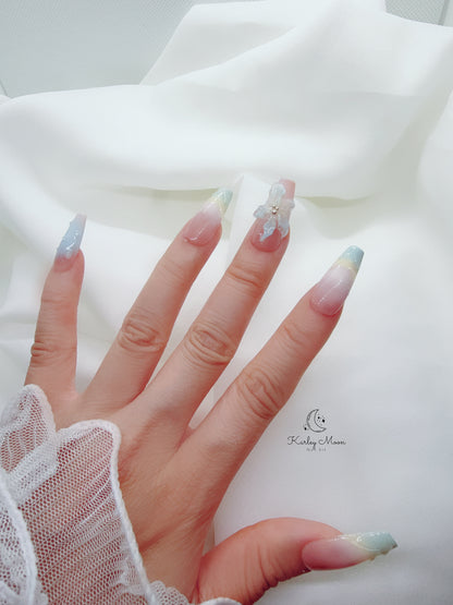 3D Summer Flower Blue Nude Color Press On Nails - KarleyMoonNail