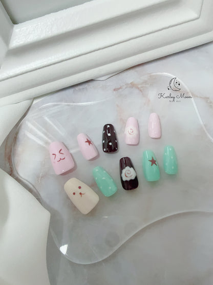 Cute Pink and Green Jelly Cartoon Simple Press On Nails