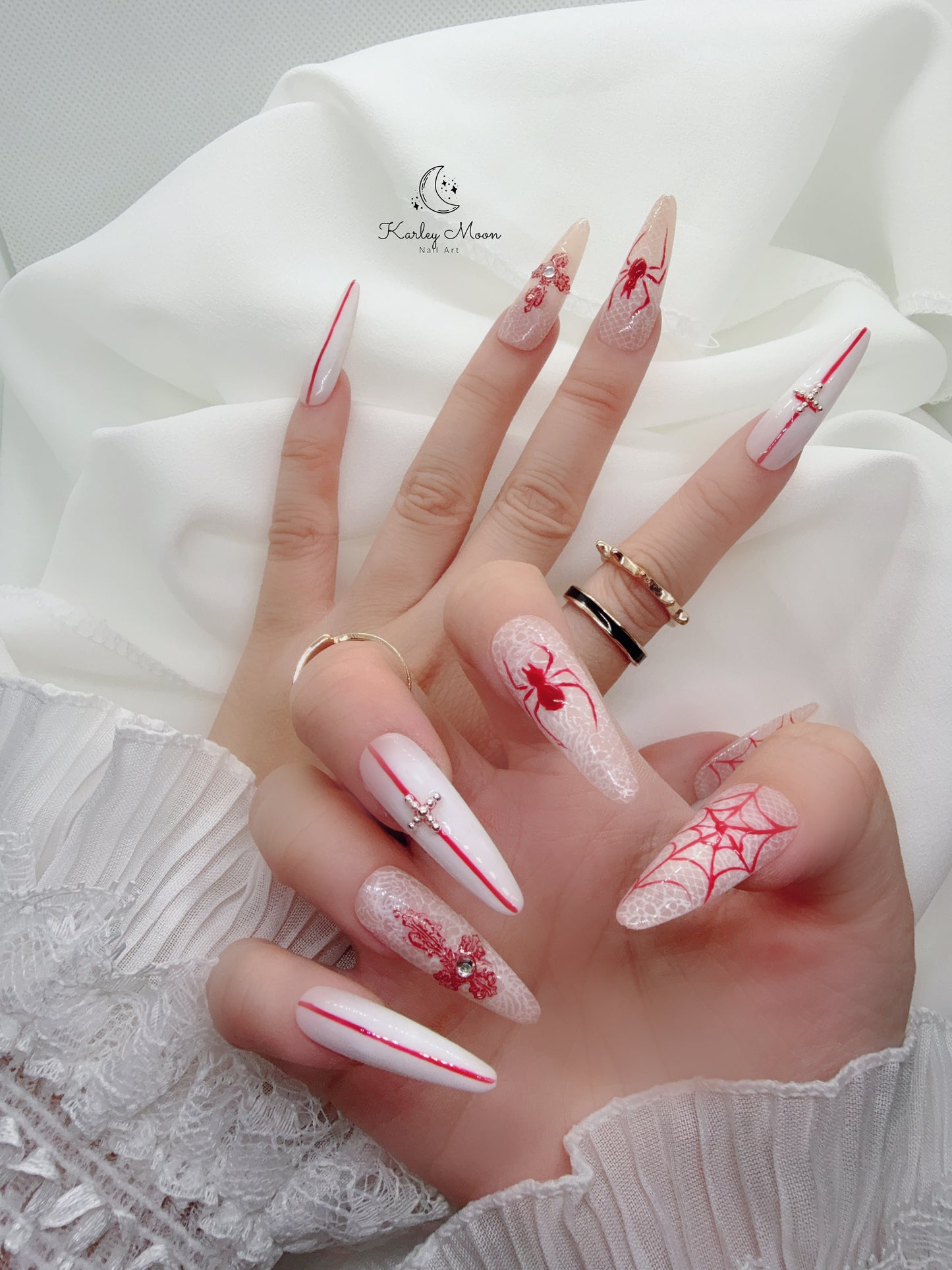 Halloween Spider Lace White Gothic Press On Nails