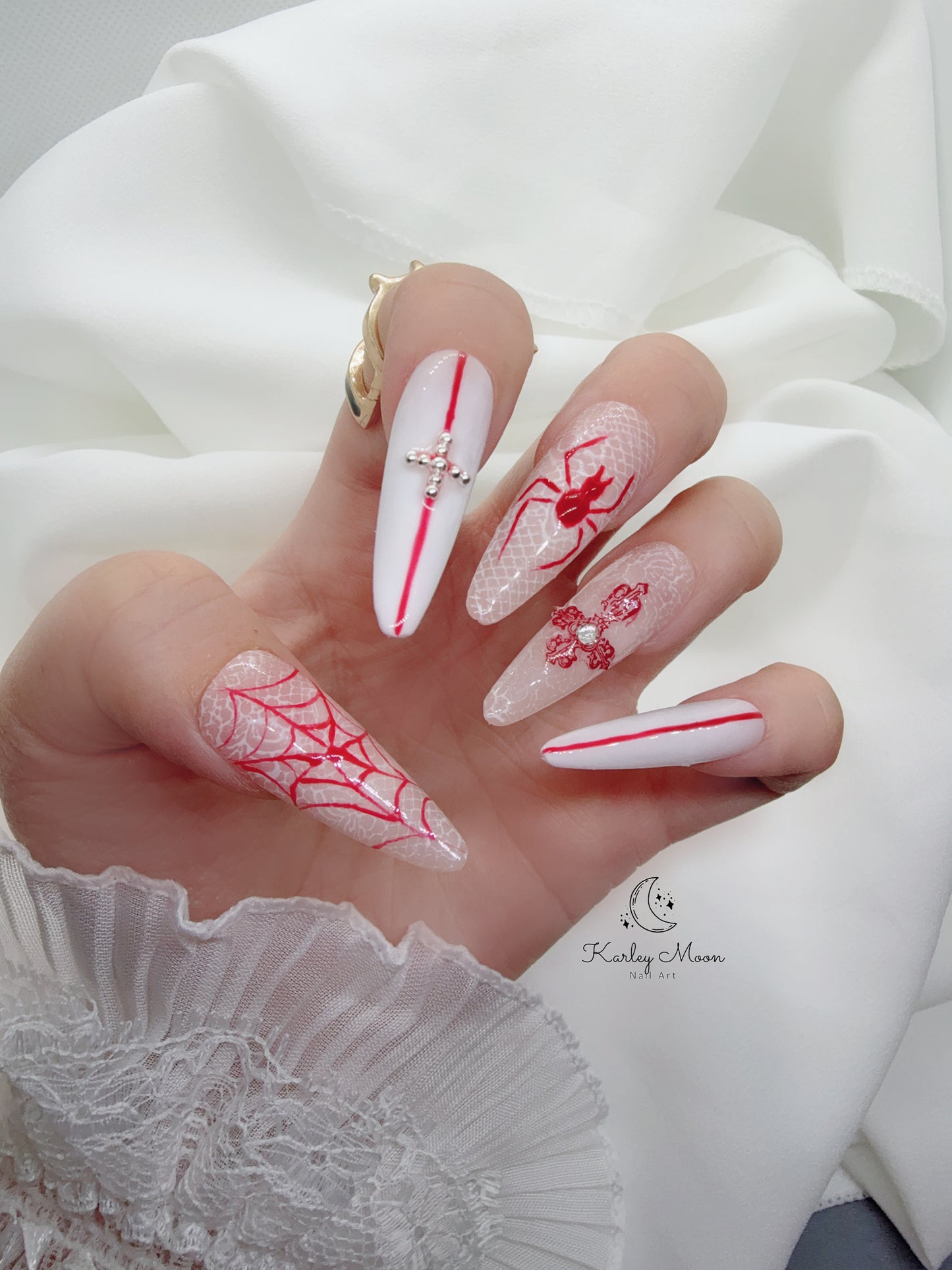 Halloween Spider Lace White Gothic Press On Nails