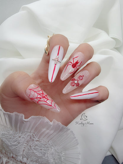 Halloween Spider Lace White Gothic Press On Nails
