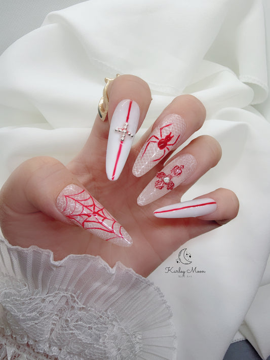 Halloween Spider Lace White Gothic Press On Nails
