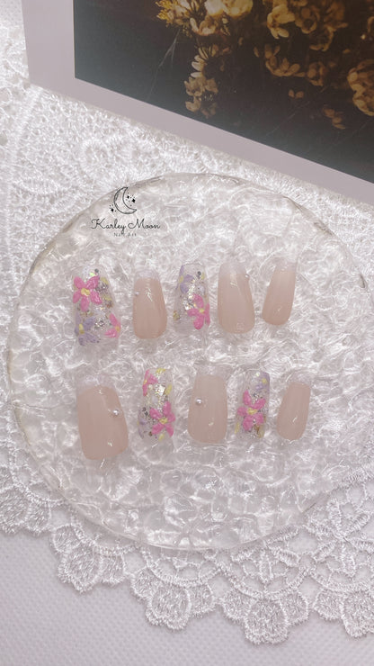 Spring Colorful 3D Flower Nude Press On Nails - KarleyMoonNail