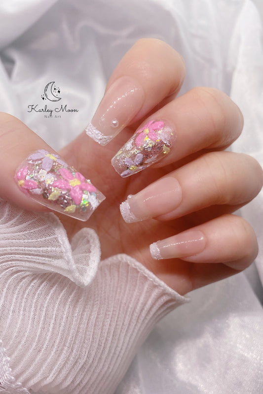 Spring Colorful 3D Flower Nude Press On Nails - KarleyMoonNail