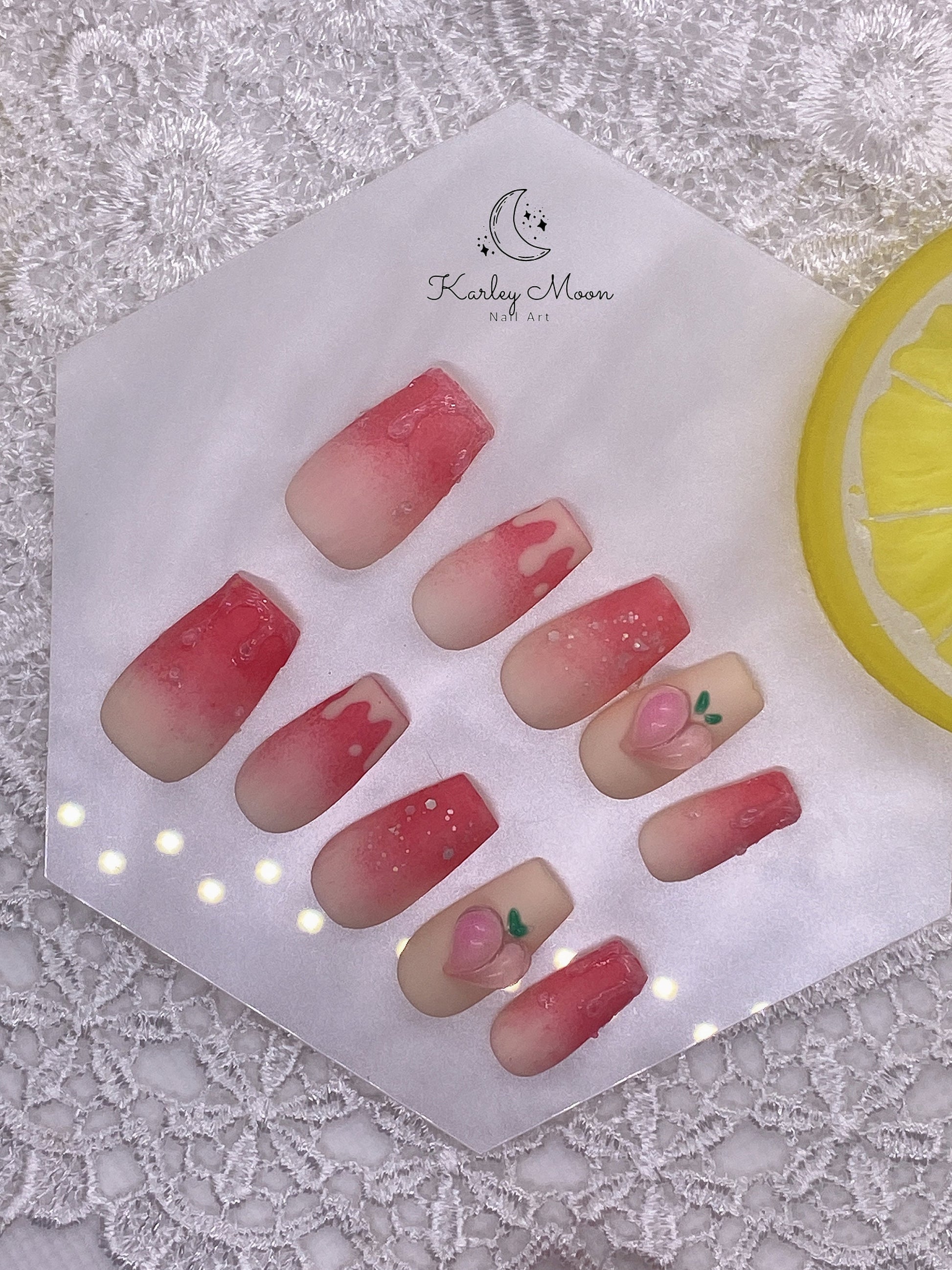 Kawaii Juicy Pink 3D Peach Summer Press On Nails - KarleyMoonNail