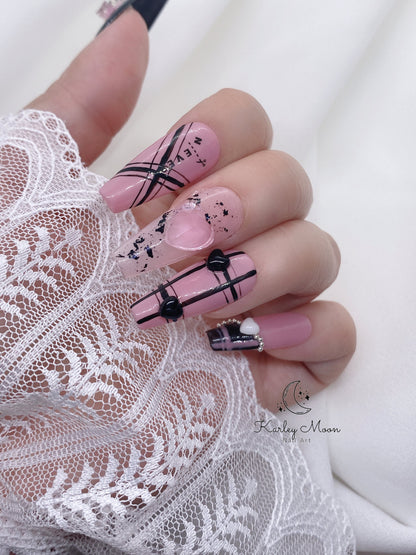 Gothic Black Barbie Pink Heart Cool Girl Press On Nails - KarleyMoonNail