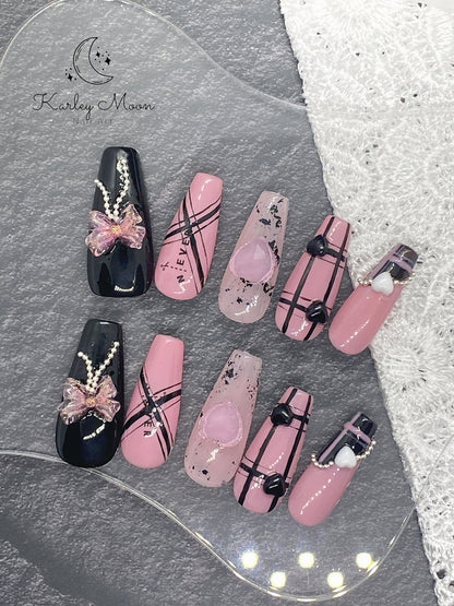 Gothic Black Barbie Pink Heart Cool Girl Press On Nails - KarleyMoonNail