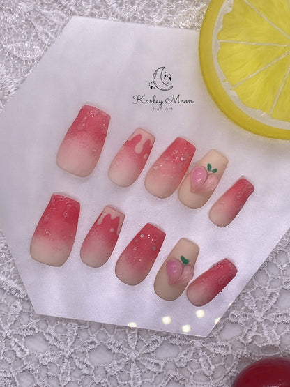 Kawaii Juicy Pink 3D Peach Summer Press On Nails - KarleyMoonNail