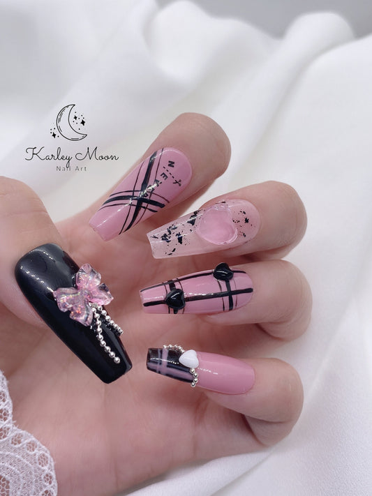 Gothic Black Barbie Pink Heart Cool Girl Press On Nails - KarleyMoonNail