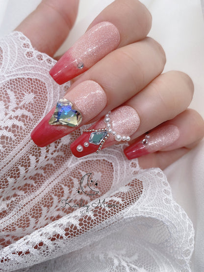 Fancy Glitter Cat Eye Pink Shiny Luxury Press On Nails - KarleyMoonNail