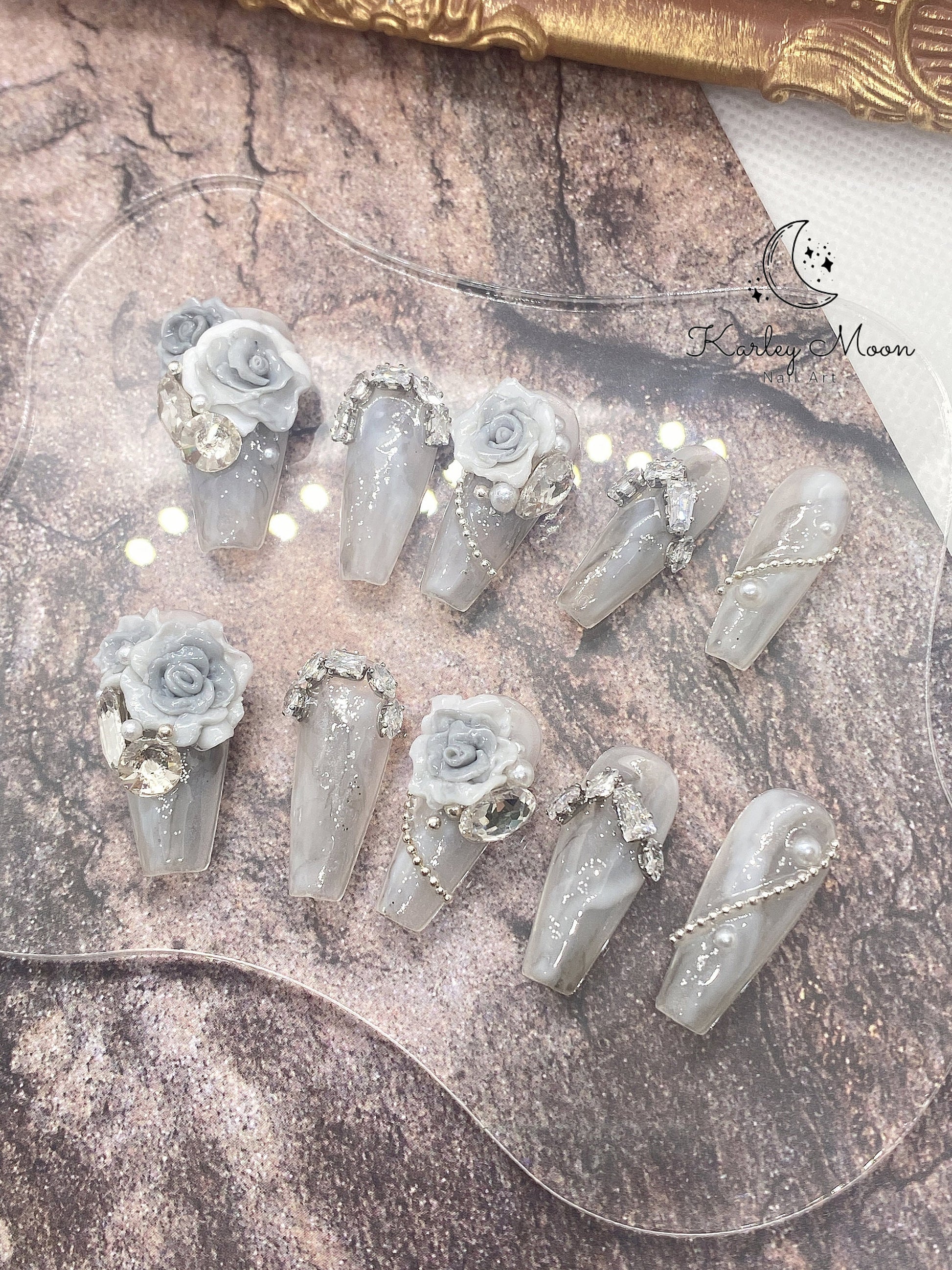 Luxury Fancy Flower Rhinestones Press On Nails - KarleyMoonNail