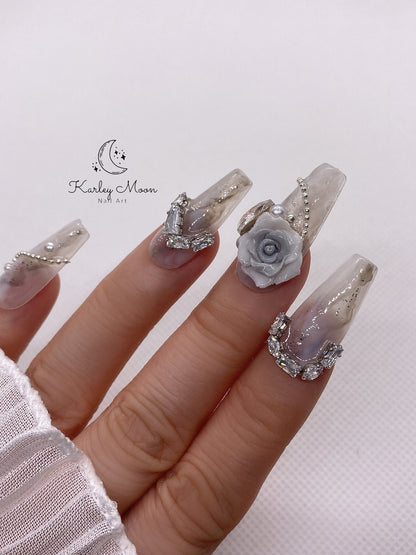 Luxury Fancy Flower Rhinestones Press On Nails - KarleyMoonNail