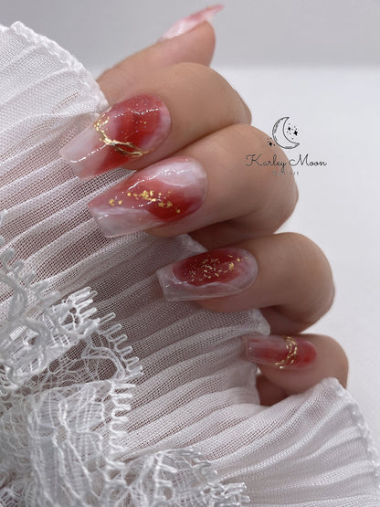 Elegant Watercolor Red Golden Glitter Press On Nails Watercolor Nails - KarleyMoonNail