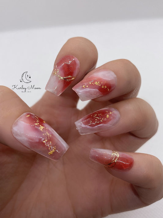 Elegant Watercolor Red Golden Glitter Press On Nails Watercolor Nails - KarleyMoonNail