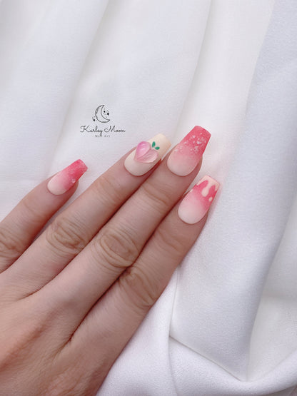 Kawaii Juicy Pink 3D Peach Summer Press On Nails - KarleyMoonNail