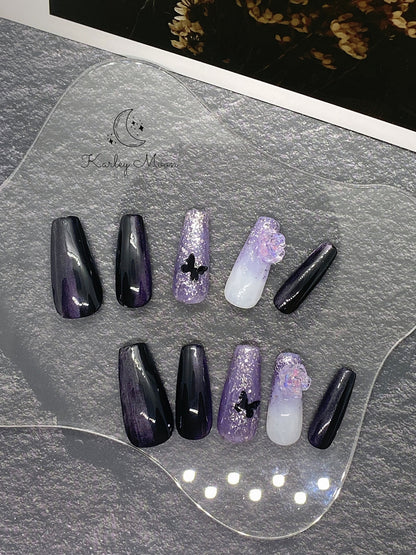 Gothic Black and Purple Galaxy Glitter Press On Nails - KarleyMoonNail
