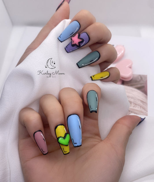 Summer Rainbow Kawaii 3D Hand Painted Comics Style Press On Nails - KarleyMoonNail