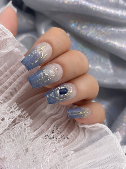 Summer Nails Watercolor Blue Galaxy Glitter Stone Press On Nails - KarleyMoonNail