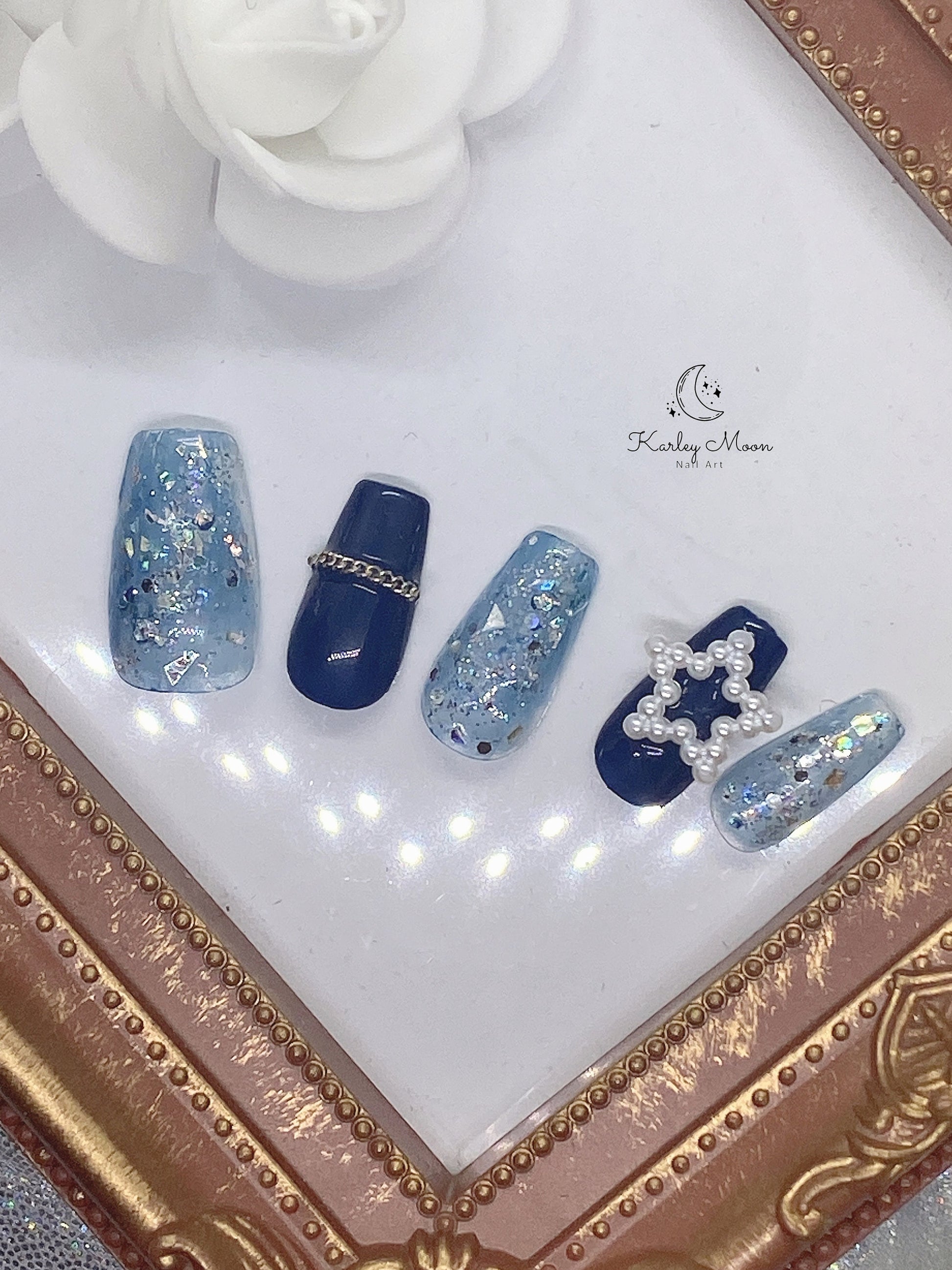 Dark Blue Star Glitter Winter Press On Nails - KarleyMoonNail