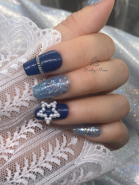Dark Blue Star Glitter Winter Press On Nails - KarleyMoonNail