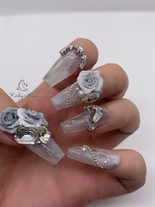 Luxury Fancy Flower Rhinestones Press On Nails - KarleyMoonNail
