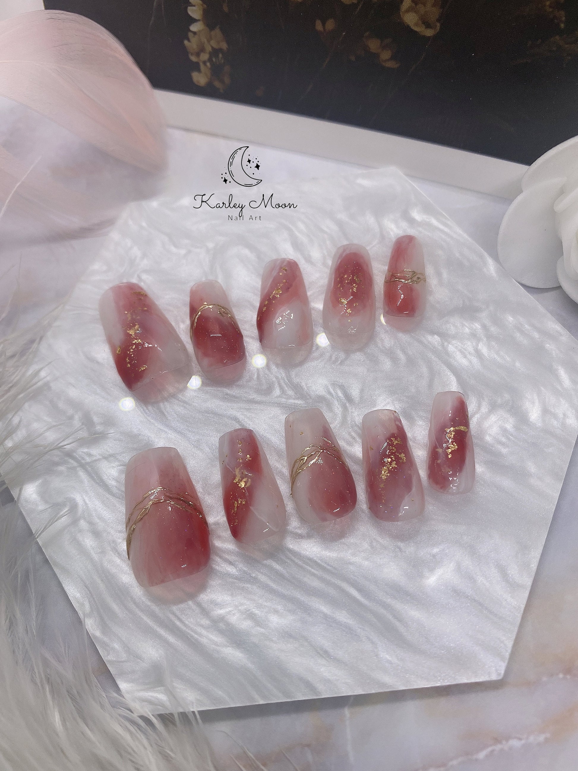 Elegant Watercolor Red Golden Glitter Press On Nails Watercolor Nails - KarleyMoonNail