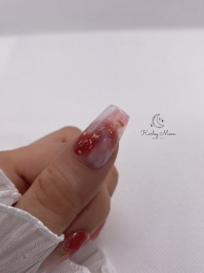 Elegant Watercolor Red Golden Glitter Press On Nails Watercolor Nails - KarleyMoonNail