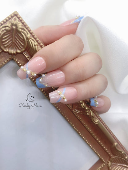 Casual Hand Painted Blue and Pink Classic Pearl Press On Nails - KarleyMoonNail