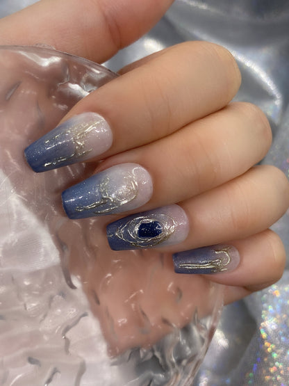Summer Nails Watercolor Blue Galaxy Glitter Stone Press On Nails - KarleyMoonNail
