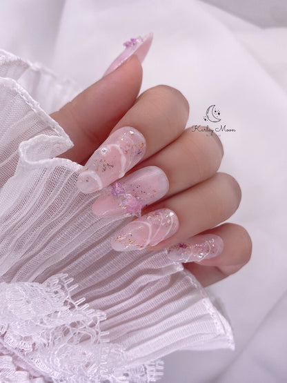 Light Pink Glitter Crystal Stones Press on Nails Hand Painted Nails - KarleyMoonNail