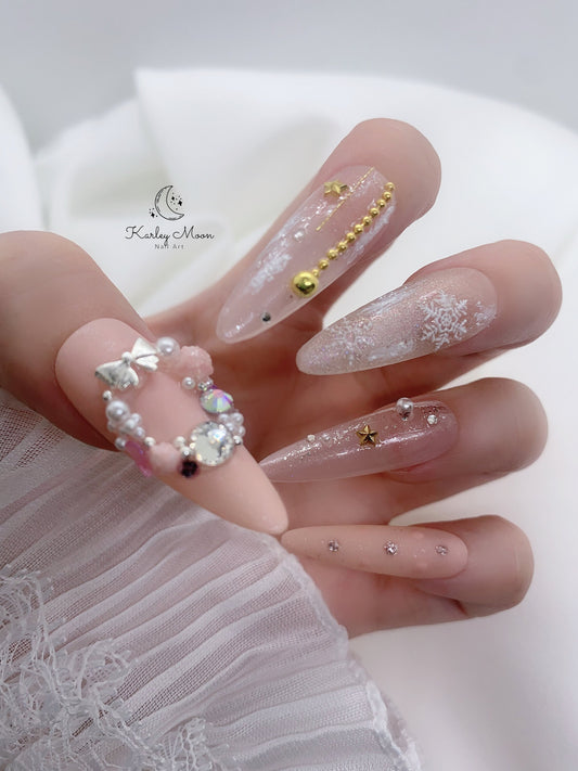 Elegant Christmas Snowflake Pink Glitter Winter Press On Nails - KarleyMoonNail