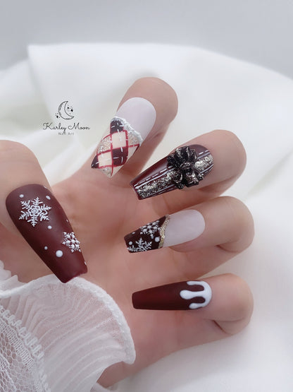 Holiday Christmas Snow Red Glitter Winter Press On Nails - KarleyMoonNail