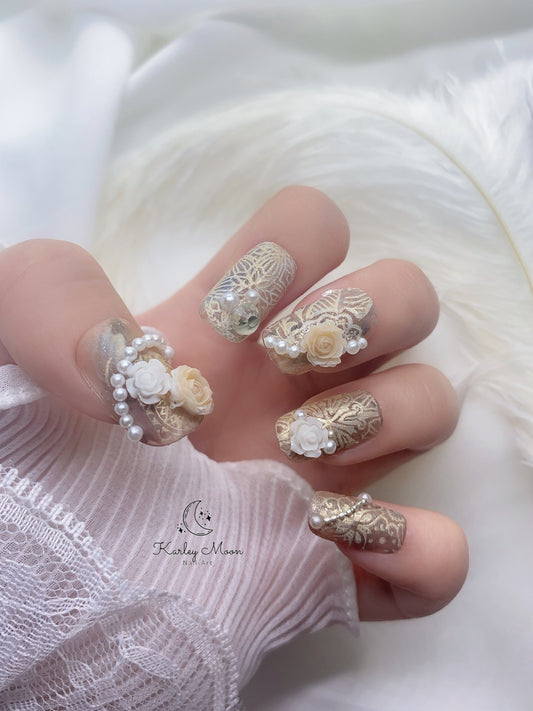 Classic Golden Brown Flower Pearl Vintage Press On Nails - KarleyMoonNail