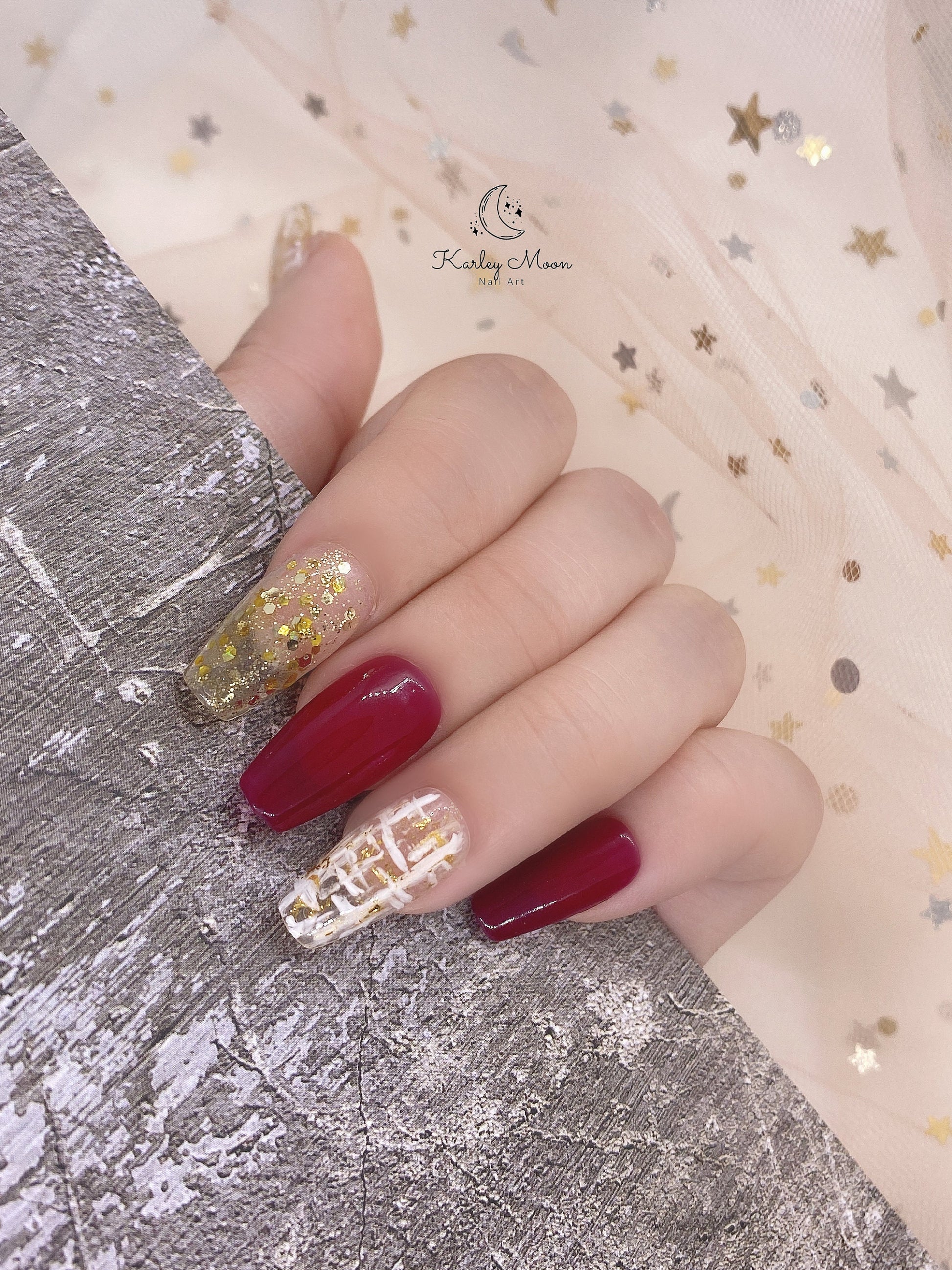 Elegant Red Shining Gold Glitter Press On Nails - KarleyMoonNail