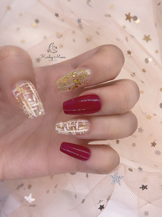 Elegant Red Shining Gold Glitter Press On Nails - KarleyMoonNail