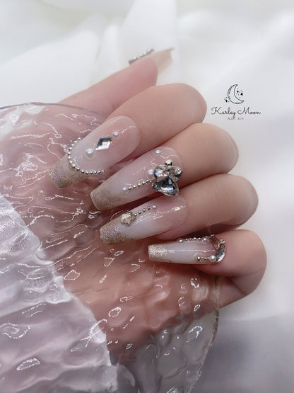 Elegant Nude Pink Butterfly Glitter Rhinestone Crystal Press On Nails - KarleyMoonNail
