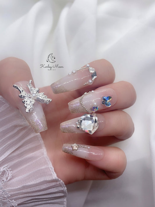 Elegant Nude Pink Butterfly Glitter Rhinestone Crystal Press On Nails - KarleyMoonNail