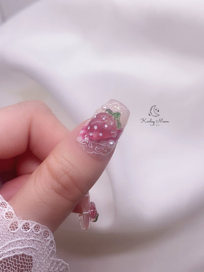 Kawaii 3D Strawberry Nude Pink Summer Press On Nails - KarleyMoonNail