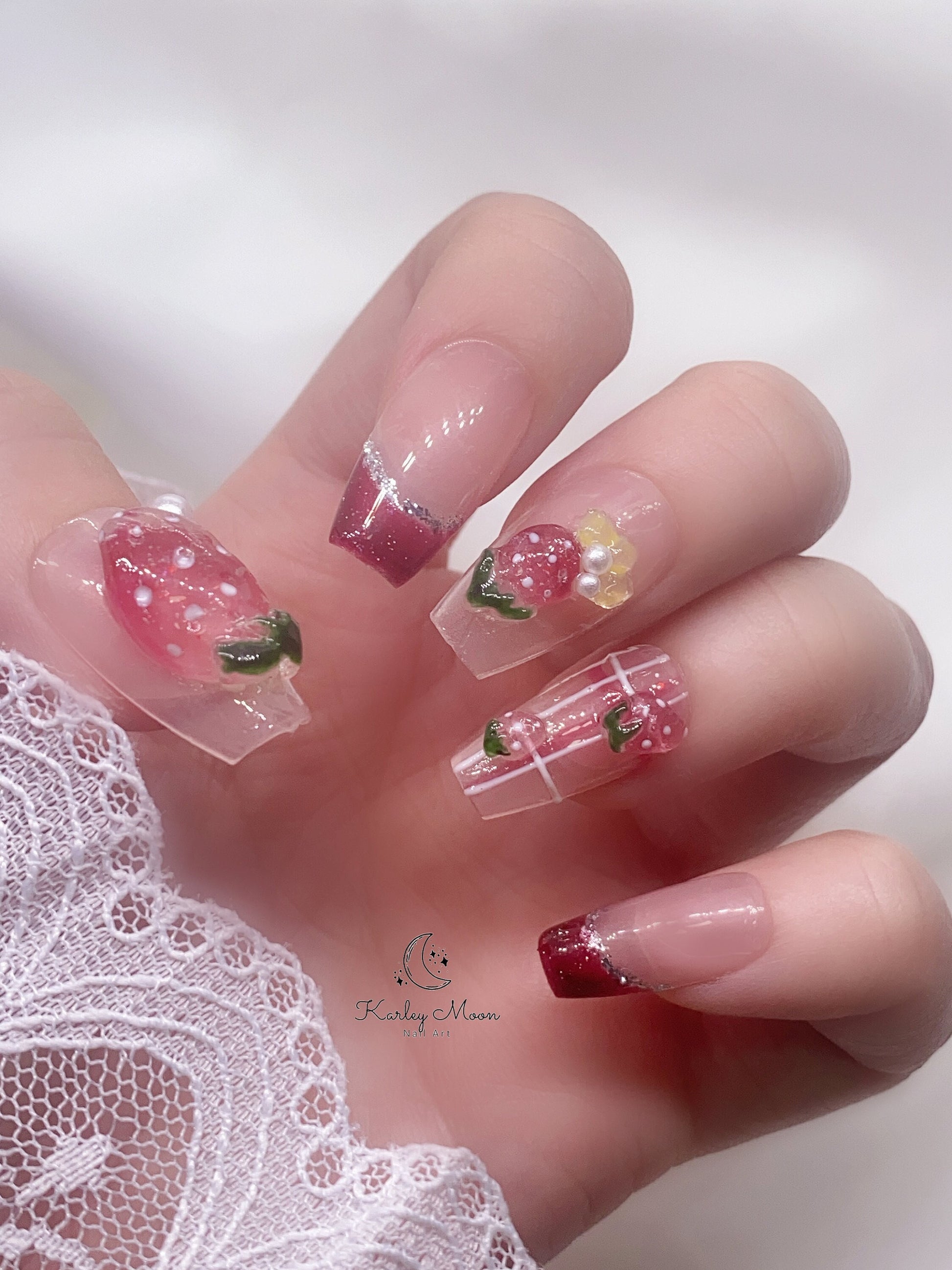 Kawaii 3D Strawberry Nude Pink Summer Press On Nails - KarleyMoonNail