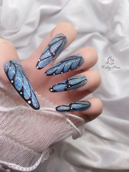 Elegant Fancy Blue Glitter Butterfly Wing Press On Nails - KarleyMoonNail