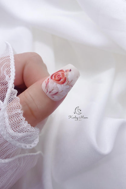 Elegant Fancy Hand Painted Rose Flower Press On Nails - KarleyMoonNail